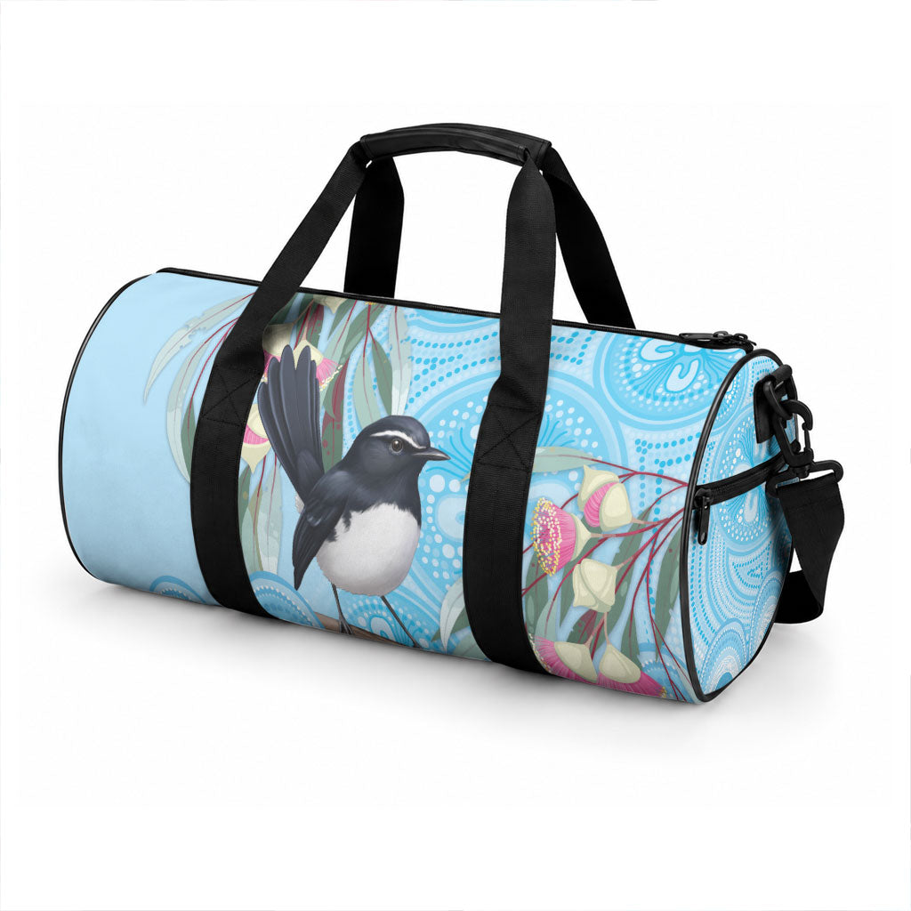 Willie wagtail Australia Duffle Bag Eucalyptus Blossoms Aboriginal Art