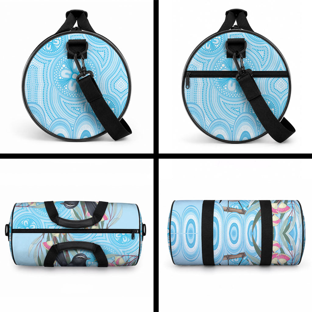 Willie wagtail Australia Duffle Bag Eucalyptus Blossoms Aboriginal Art