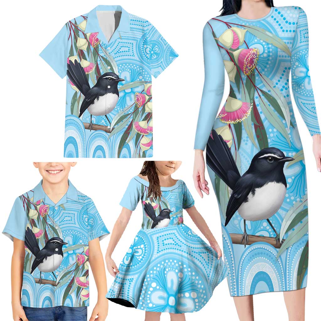 Willie wagtail Australia Family Matching Long Sleeve Bodycon Dress and Hawaiian Shirt Eucalyptus Blossoms Aboriginal Art - Aussie Hoodie