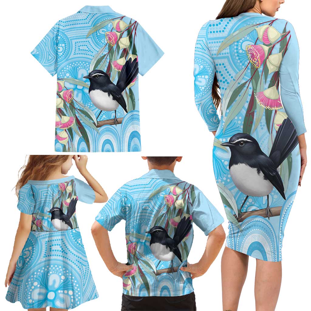 Willie wagtail Australia Family Matching Long Sleeve Bodycon Dress and Hawaiian Shirt Eucalyptus Blossoms Aboriginal Art - Aussie Hoodie