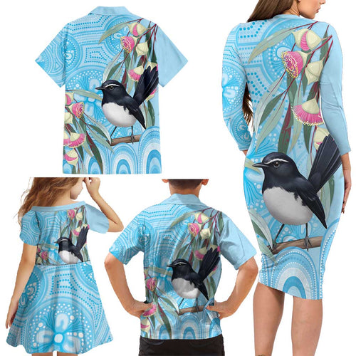 Willie wagtail Australia Family Matching Long Sleeve Bodycon Dress and Hawaiian Shirt Eucalyptus Blossoms Aboriginal Art - Aussie Hoodie