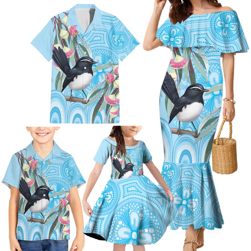 Willie wagtail Australia Family Matching Mermaid Dress and Hawaiian Shirt Eucalyptus Blossoms Aboriginal Art - Aussie Hoodie