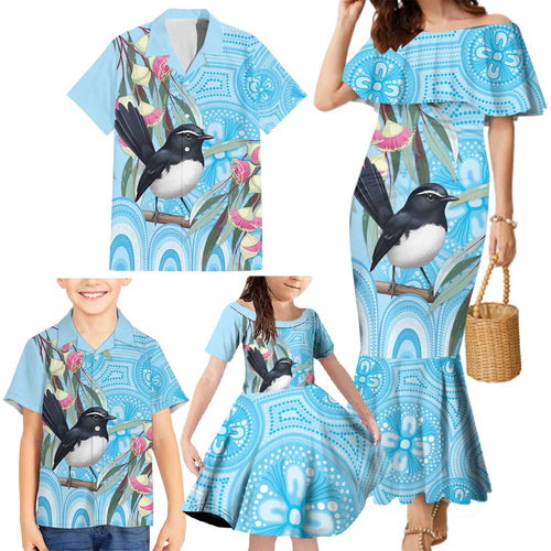 Willie wagtail Australia Family Matching Mermaid Dress and Hawaiian Shirt Eucalyptus Blossoms Aboriginal Art - Aussie Hoodie