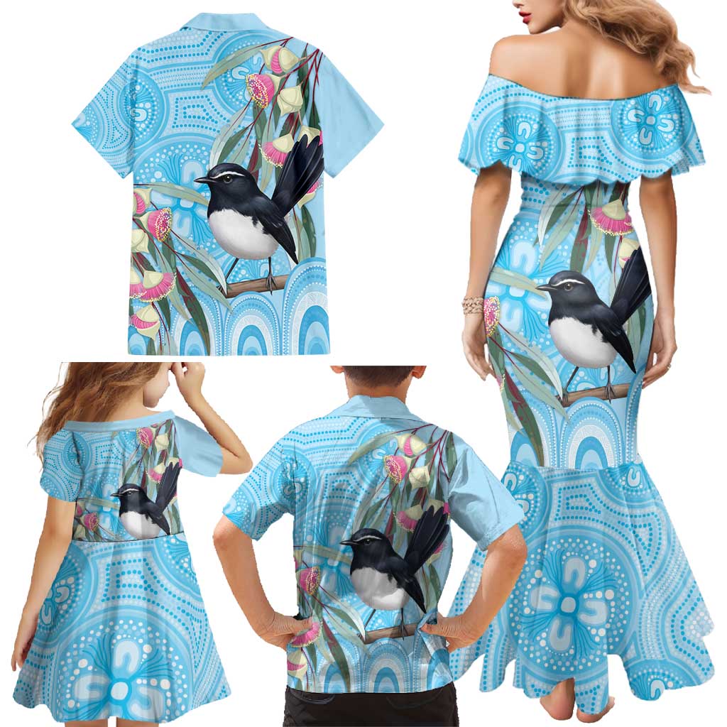 Willie wagtail Australia Family Matching Mermaid Dress and Hawaiian Shirt Eucalyptus Blossoms Aboriginal Art - Aussie Hoodie