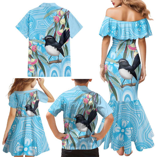 Willie wagtail Australia Family Matching Mermaid Dress and Hawaiian Shirt Eucalyptus Blossoms Aboriginal Art - Aussie Hoodie