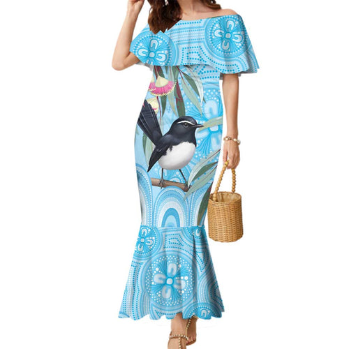 Willie wagtail Australia Family Matching Mermaid Dress and Hawaiian Shirt Eucalyptus Blossoms Aboriginal Art - Aussie Hoodie