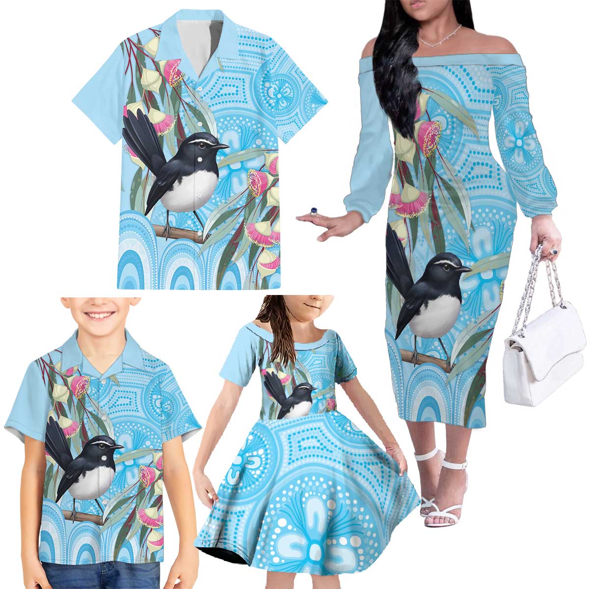 Willie wagtail Australia Family Matching Off The Shoulder Long Sleeve Dress and Hawaiian Shirt Eucalyptus Blossoms Aboriginal Art - Aussie Hoodie