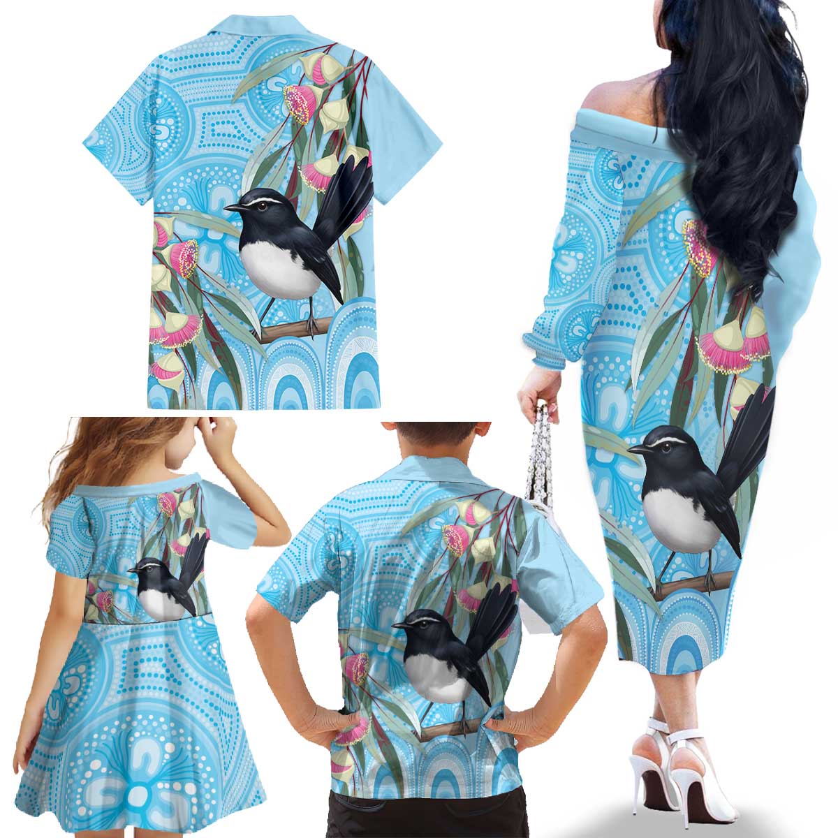 Willie wagtail Australia Family Matching Off The Shoulder Long Sleeve Dress and Hawaiian Shirt Eucalyptus Blossoms Aboriginal Art - Aussie Hoodie