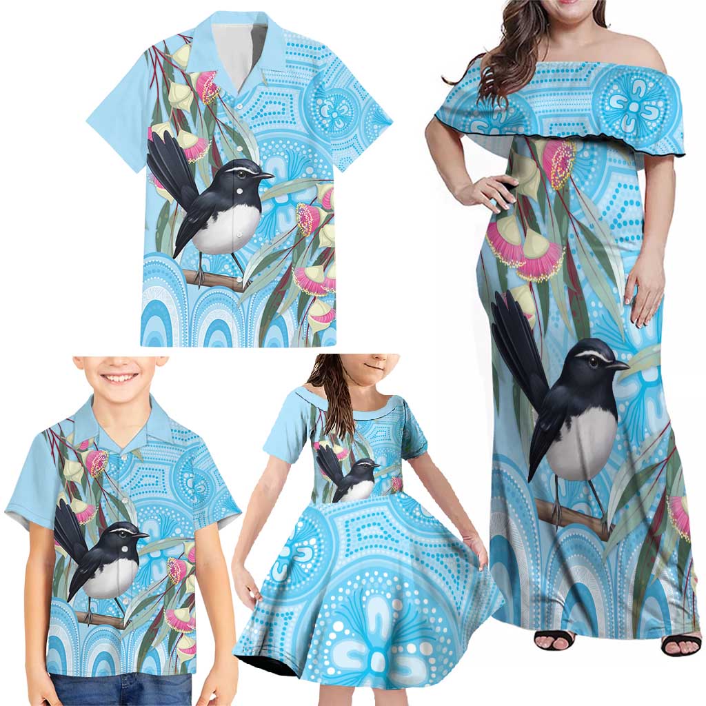 Willie wagtail Australia Family Matching Off Shoulder Maxi Dress and Hawaiian Shirt Eucalyptus Blossoms Aboriginal Art - Aussie Hoodie