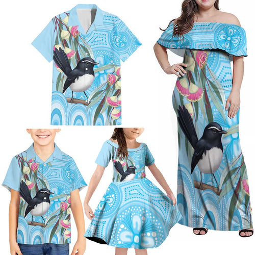Willie wagtail Australia Family Matching Off Shoulder Maxi Dress and Hawaiian Shirt Eucalyptus Blossoms Aboriginal Art - Aussie Hoodie
