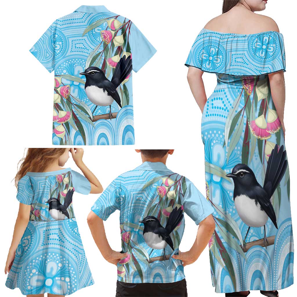 Willie wagtail Australia Family Matching Off Shoulder Maxi Dress and Hawaiian Shirt Eucalyptus Blossoms Aboriginal Art - Aussie Hoodie