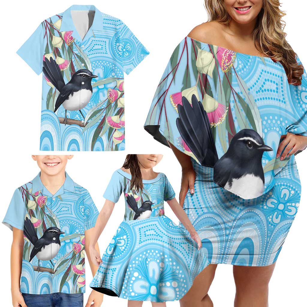 Willie wagtail Australia Family Matching Off Shoulder Short Dress and Hawaiian Shirt Eucalyptus Blossoms Aboriginal Art - Aussie Hoodie