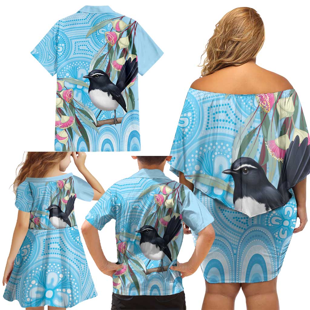 Willie wagtail Australia Family Matching Off Shoulder Short Dress and Hawaiian Shirt Eucalyptus Blossoms Aboriginal Art - Aussie Hoodie