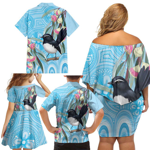 Willie wagtail Australia Family Matching Off Shoulder Short Dress and Hawaiian Shirt Eucalyptus Blossoms Aboriginal Art - Aussie Hoodie