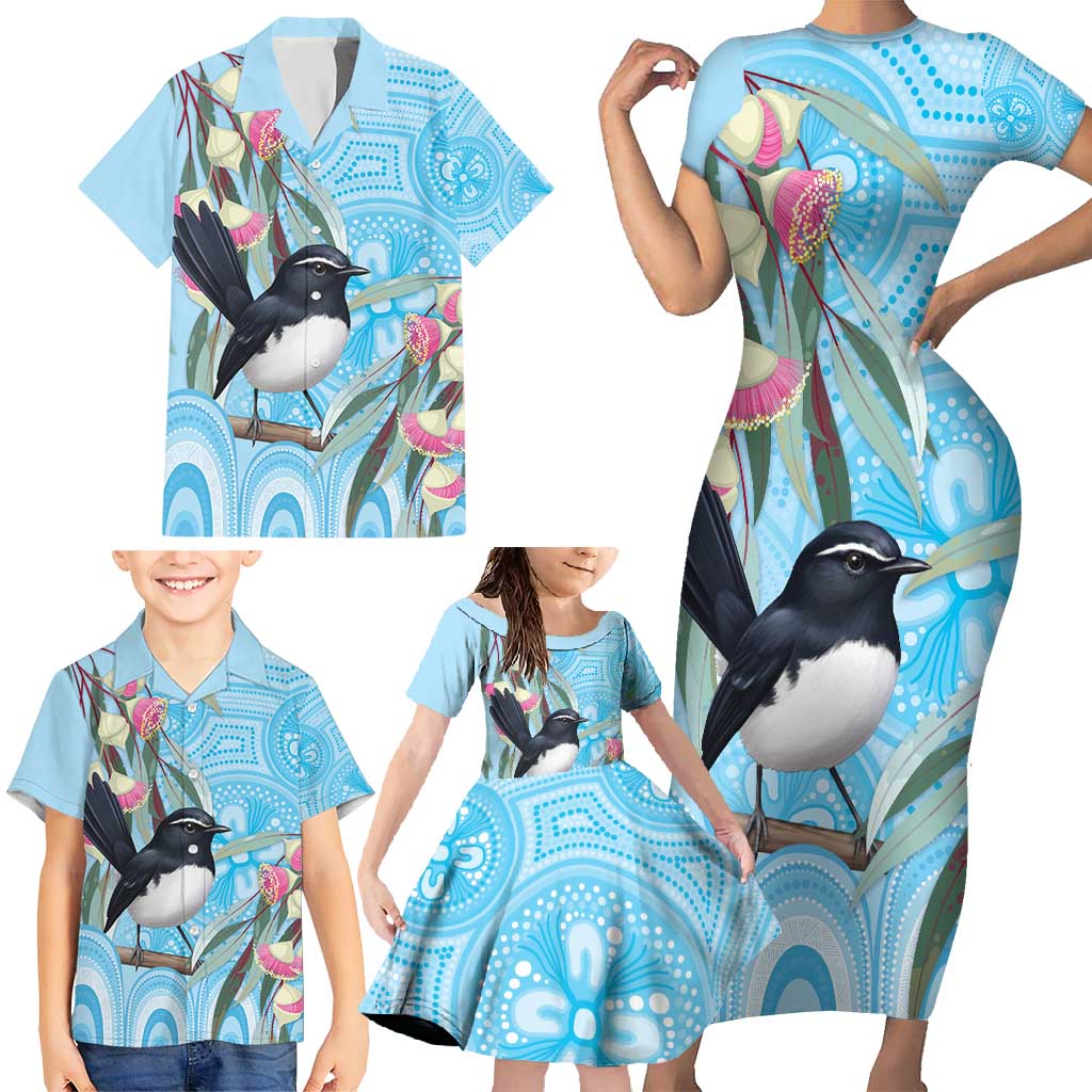 Willie wagtail Australia Family Matching Short Sleeve Bodycon Dress and Hawaiian Shirt Eucalyptus Blossoms Aboriginal Art - Aussie Hoodie