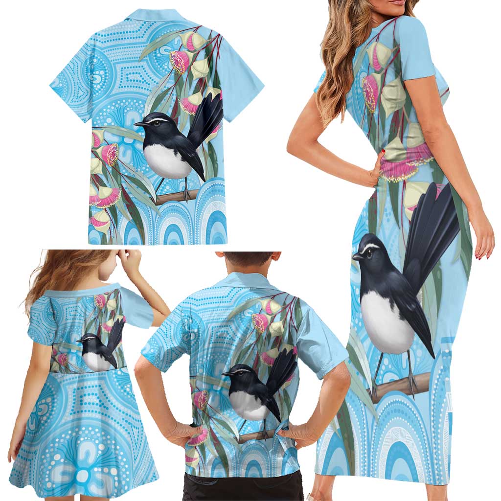 Willie wagtail Australia Family Matching Short Sleeve Bodycon Dress and Hawaiian Shirt Eucalyptus Blossoms Aboriginal Art - Aussie Hoodie