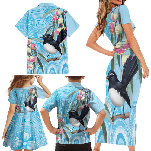 Willie wagtail Australia Family Matching Short Sleeve Bodycon Dress and Hawaiian Shirt Eucalyptus Blossoms Aboriginal Art - Aussie Hoodie