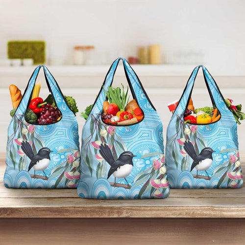 Willie wagtail Australia Grocery Bag Eucalyptus Blossoms Aboriginal Art - Aussie Hoodie