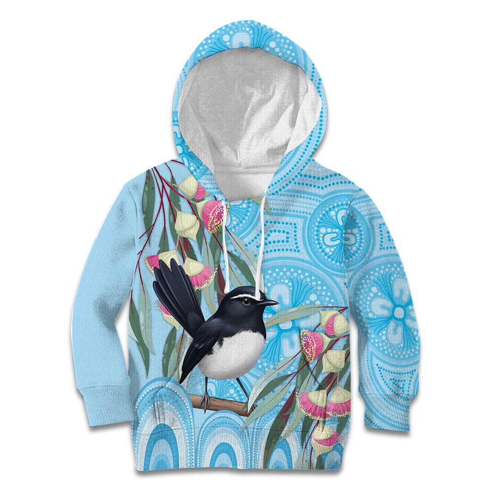 Willie wagtail Australia Kid Hoodie Eucalyptus Blossoms Aboriginal Art - Aussie Hoodie