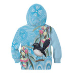 Willie wagtail Australia Kid Hoodie Eucalyptus Blossoms Aboriginal Art - Aussie Hoodie