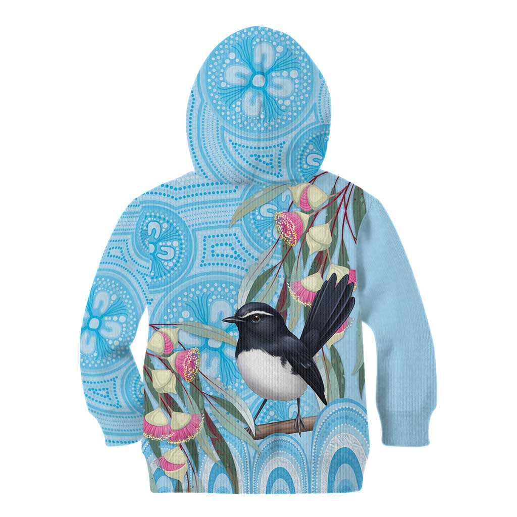 Willie wagtail Australia Kid Hoodie Eucalyptus Blossoms Aboriginal Art - Aussie Hoodie