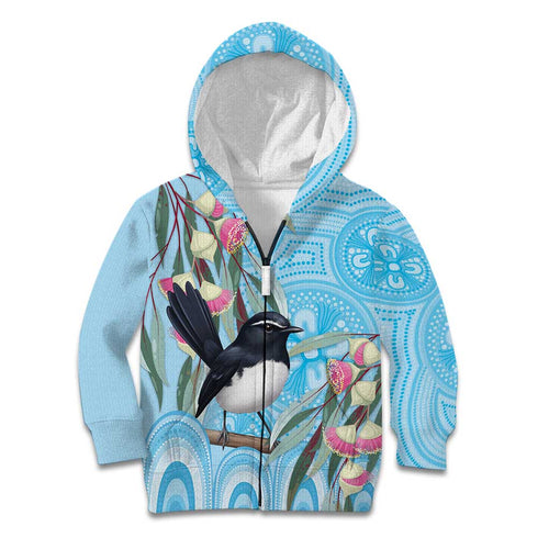 Willie wagtail Australia Kid Hoodie Eucalyptus Blossoms Aboriginal Art - Aussie Hoodie