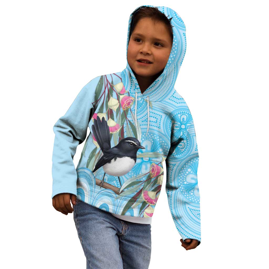 Willie wagtail Australia Kid Hoodie Eucalyptus Blossoms Aboriginal Art - Aussie Hoodie