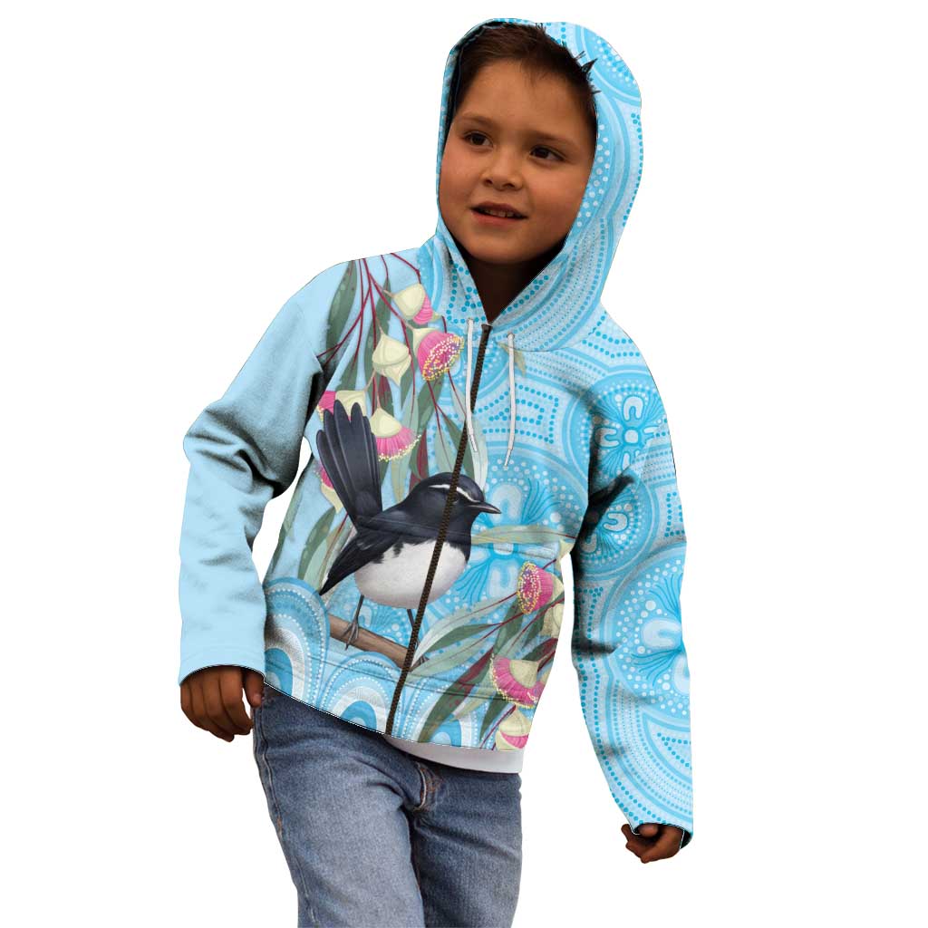 Willie wagtail Australia Kid Hoodie Eucalyptus Blossoms Aboriginal Art - Aussie Hoodie