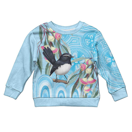 Willie wagtail Australia Kid Ugly Christmas Sweater Eucalyptus Blossoms Aboriginal Art - Aussie Hoodie