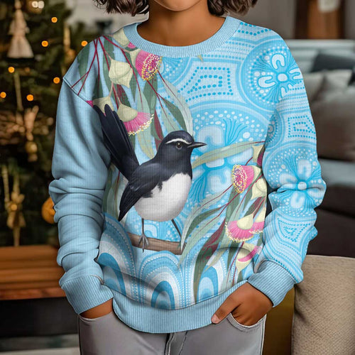 Willie wagtail Australia Kid Ugly Christmas Sweater Eucalyptus Blossoms Aboriginal Art - Aussie Hoodie