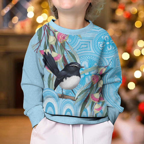 Willie wagtail Australia Kid Ugly Christmas Sweater Eucalyptus Blossoms Aboriginal Art - Aussie Hoodie