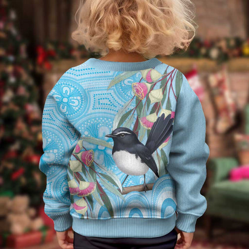 Willie wagtail Australia Kid Ugly Christmas Sweater Eucalyptus Blossoms Aboriginal Art - Aussie Hoodie