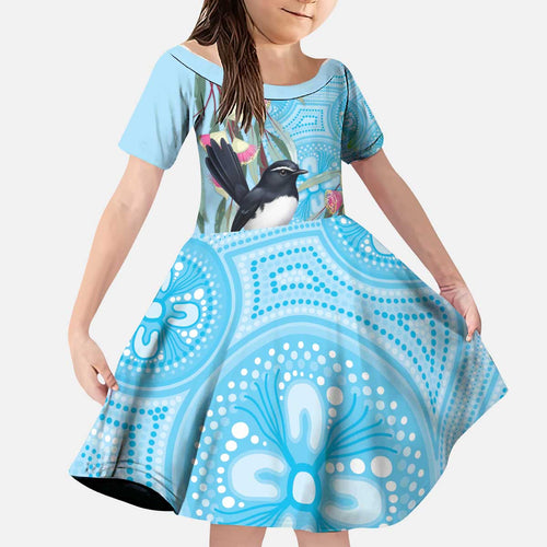 Willie wagtail Australia Kid Short Sleeve Dress Eucalyptus Blossoms Aboriginal Art - Aussie Hoodie