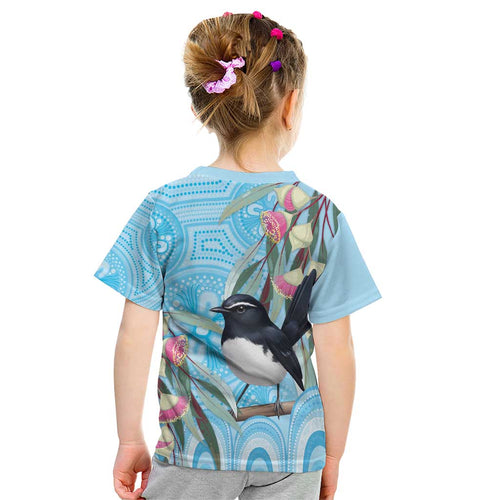 Willie wagtail Australia Kid T Shirt Eucalyptus Blossoms Aboriginal Art - Aussie Hoodie