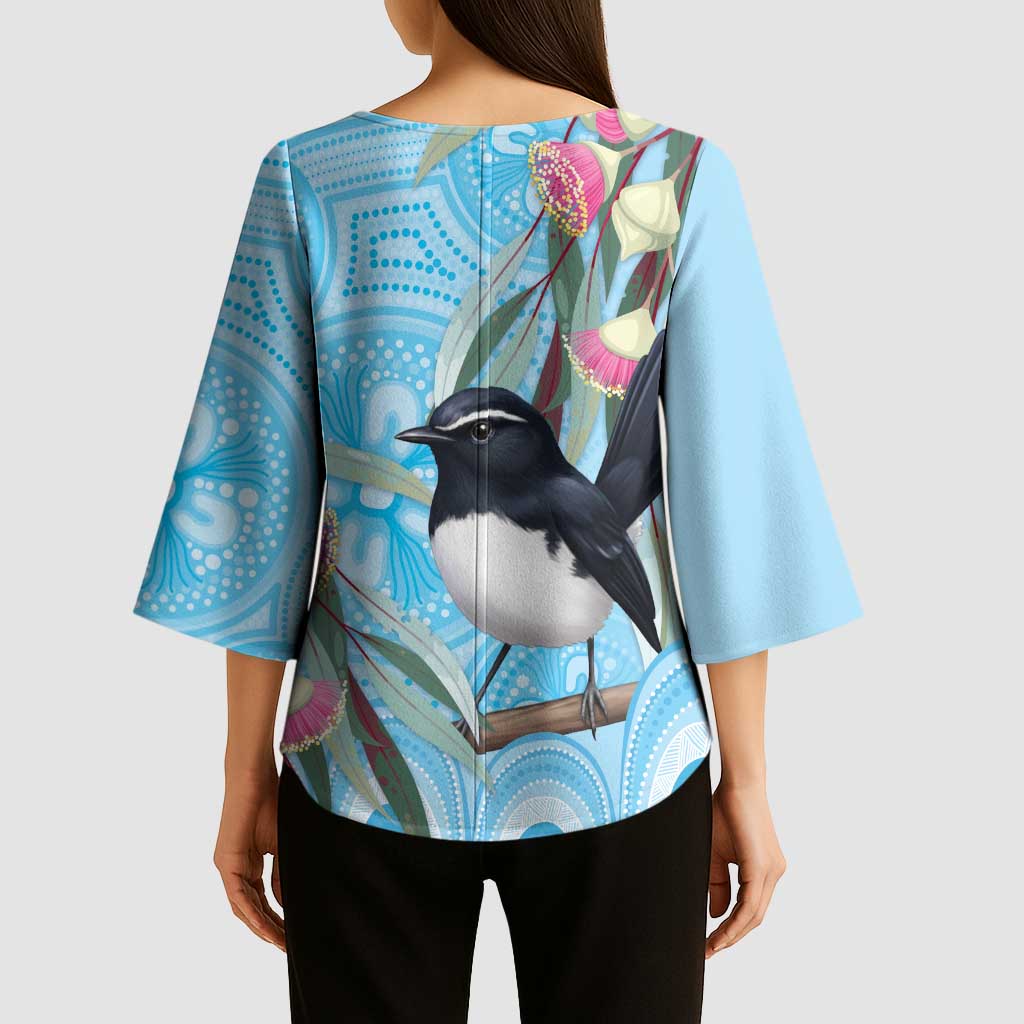 Willie wagtail Australia Kimono Sleeve Blouse Eucalyptus Blossoms Aboriginal Art - Aussie Hoodie