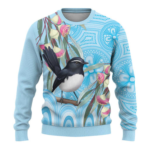 Willie wagtail Australia Ugly Christmas Sweater Eucalyptus Blossoms Aboriginal Art - Aussie Hoodie