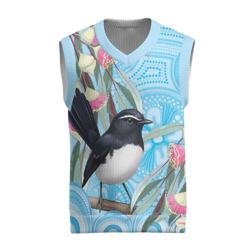 Willie wagtail Australia Christmas Knitted V-Neck Vest Eucalyptus Blossoms Aboriginal Art - Aussie Hoodie