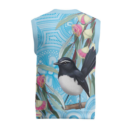 Willie wagtail Australia Christmas Knitted V-Neck Vest Eucalyptus Blossoms Aboriginal Art - Aussie Hoodie
