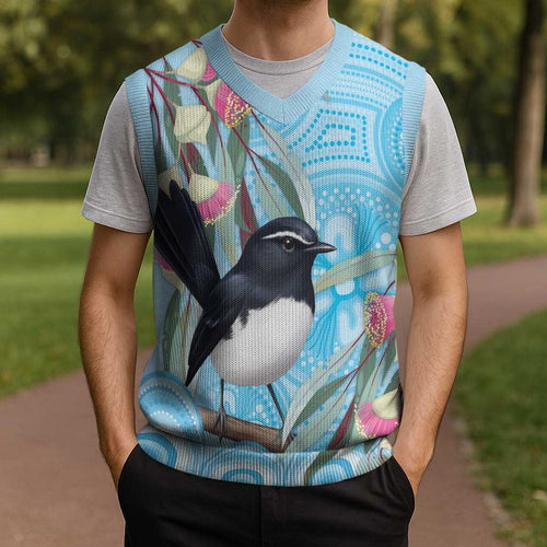 Willie wagtail Australia Christmas Knitted V-Neck Vest Eucalyptus Blossoms Aboriginal Art - Aussie Hoodie