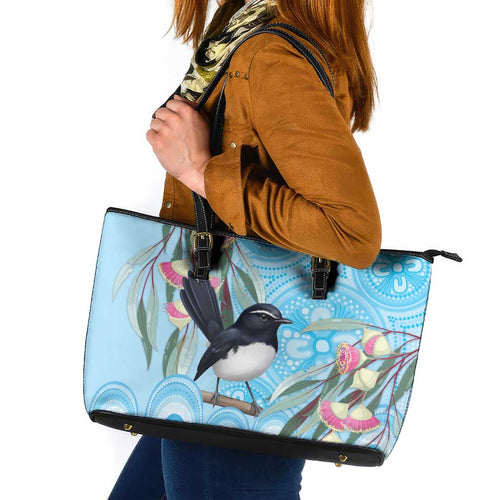 Willie wagtail Australia Leather Tote Bag Eucalyptus Blossoms Aboriginal Art - Aussie Hoodie