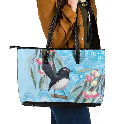 Willie wagtail Australia Leather Tote Bag Eucalyptus Blossoms Aboriginal Art - Aussie Hoodie