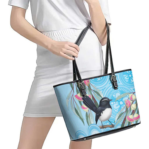 Willie wagtail Australia Leather Tote Bag Eucalyptus Blossoms Aboriginal Art - Aussie Hoodie