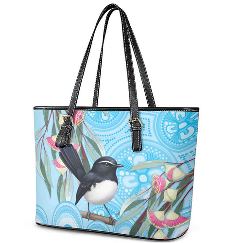 Willie wagtail Australia Leather Tote Bag Eucalyptus Blossoms Aboriginal Art - Aussie Hoodie