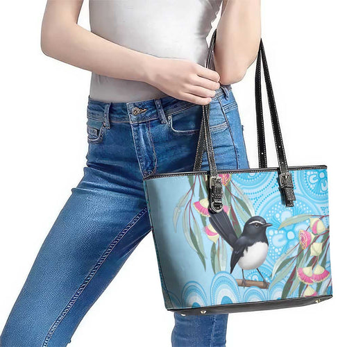 Willie wagtail Australia Leather Tote Bag Eucalyptus Blossoms Aboriginal Art - Aussie Hoodie