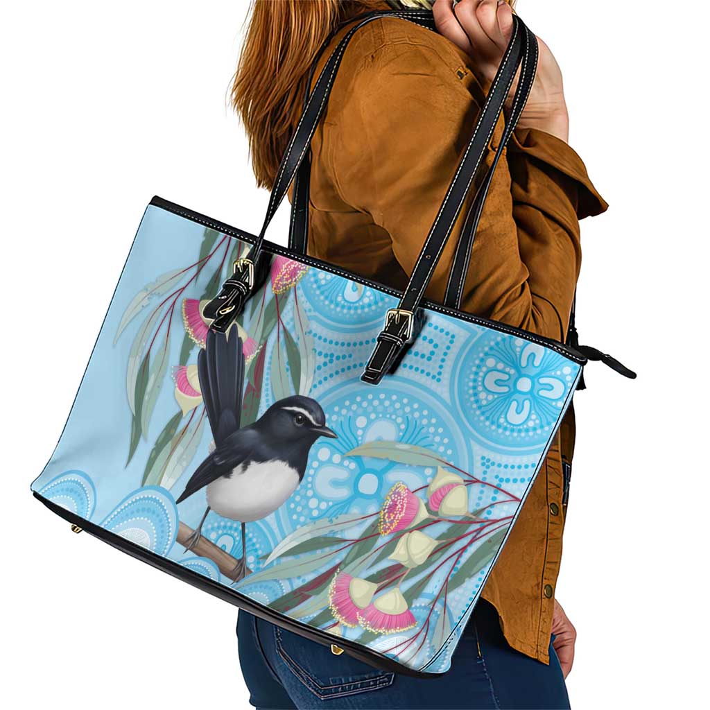 Willie wagtail Australia Leather Tote Bag Eucalyptus Blossoms Aboriginal Art - Aussie Hoodie