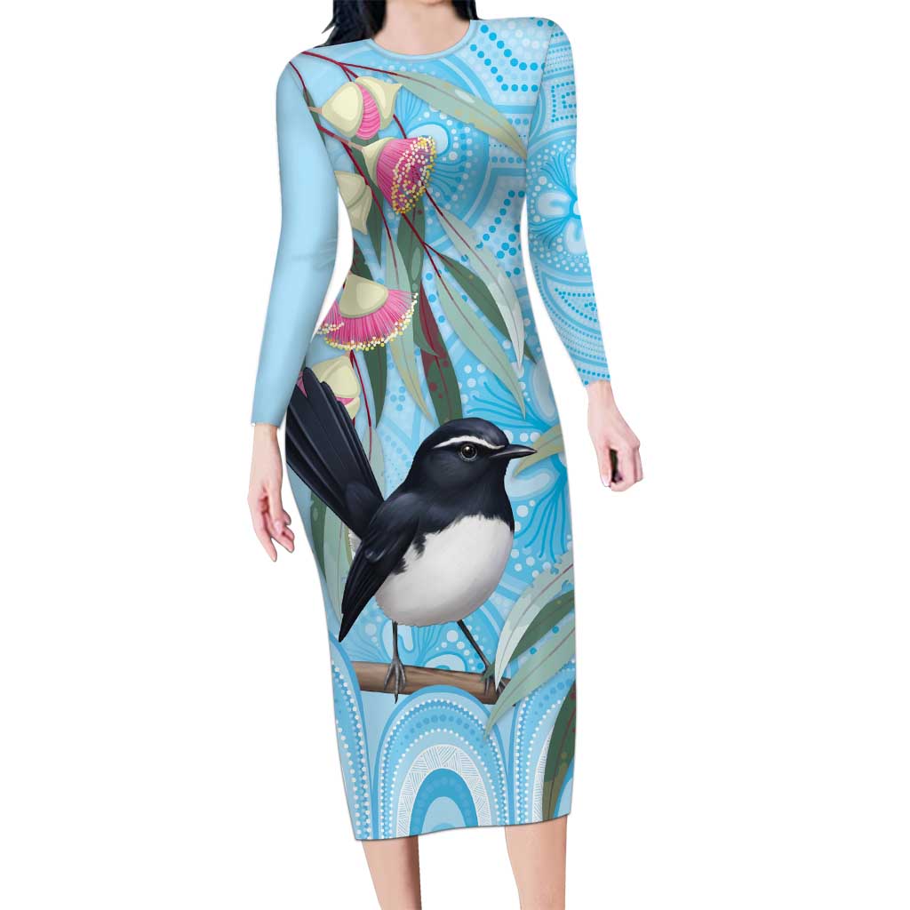 Willie wagtail Australia Long Sleeve Bodycon Dress Eucalyptus Blossoms Aboriginal Art - Aussie Hoodie