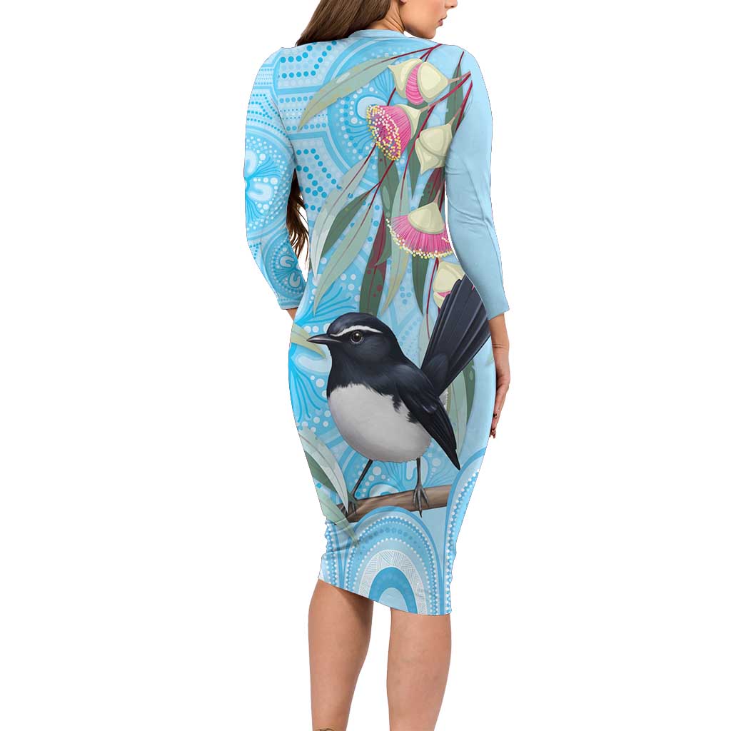 Willie wagtail Australia Long Sleeve Bodycon Dress Eucalyptus Blossoms Aboriginal Art - Aussie Hoodie
