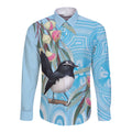 Willie wagtail Australia Long Sleeve Button Shirt Eucalyptus Blossoms Aboriginal Art - Aussie Hoodie