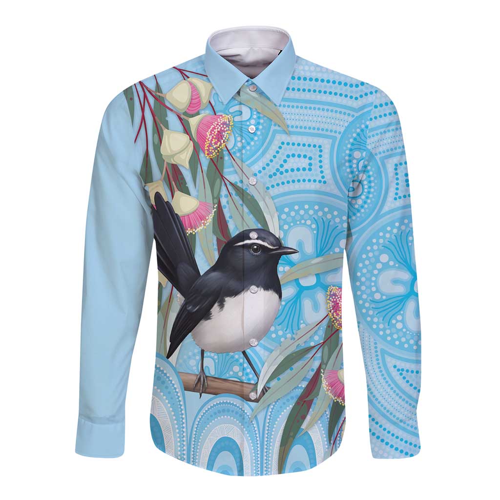 Willie wagtail Australia Long Sleeve Button Shirt Eucalyptus Blossoms Aboriginal Art - Aussie Hoodie