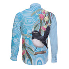 Willie wagtail Australia Long Sleeve Button Shirt Eucalyptus Blossoms Aboriginal Art - Aussie Hoodie